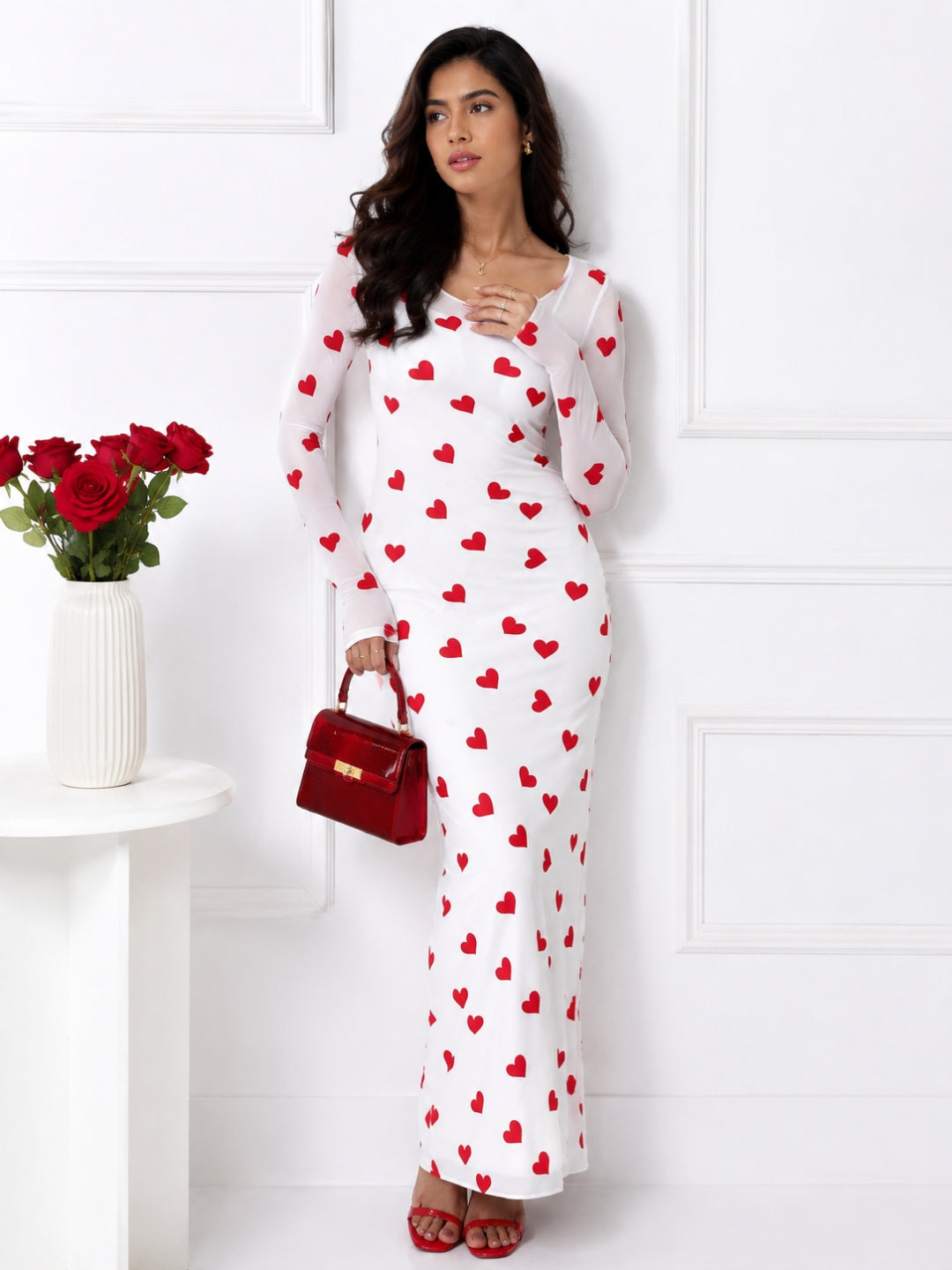 Women Black & Red Heart Print Mesh Bodycon Maxi Dress
