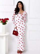 Women Black & Red Heart Print Mesh Bodycon Maxi Dress