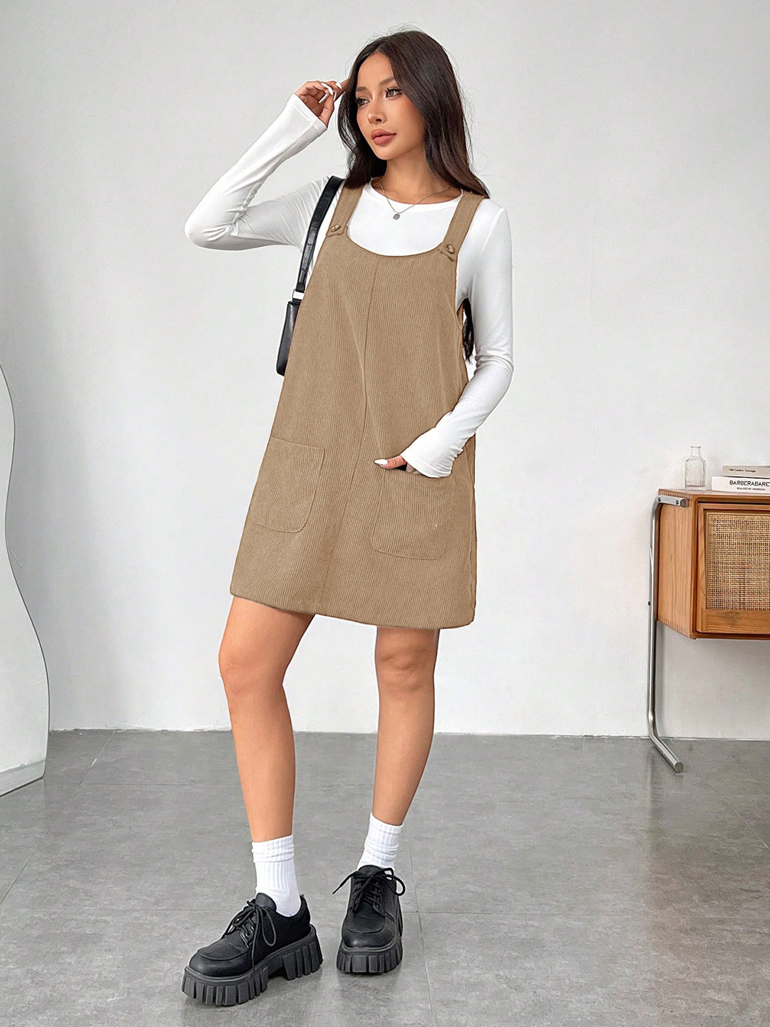 Clobug Women Solid Sleeveless Corduroy Short Dress