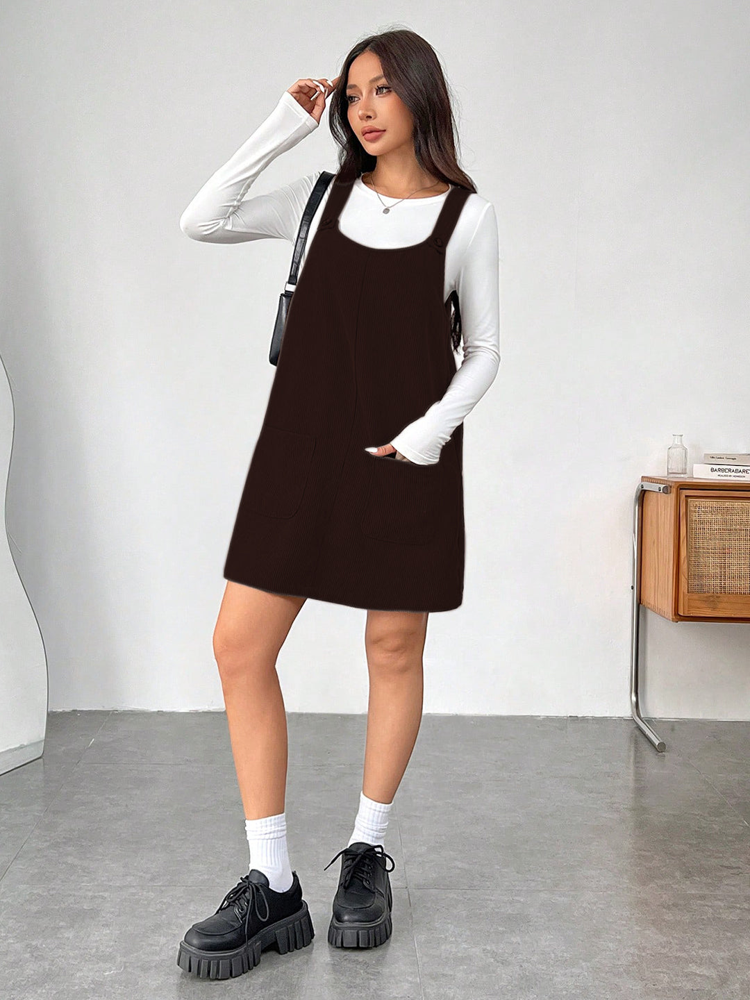 Clobug Women Solid Sleeveless Corduroy Short Dress