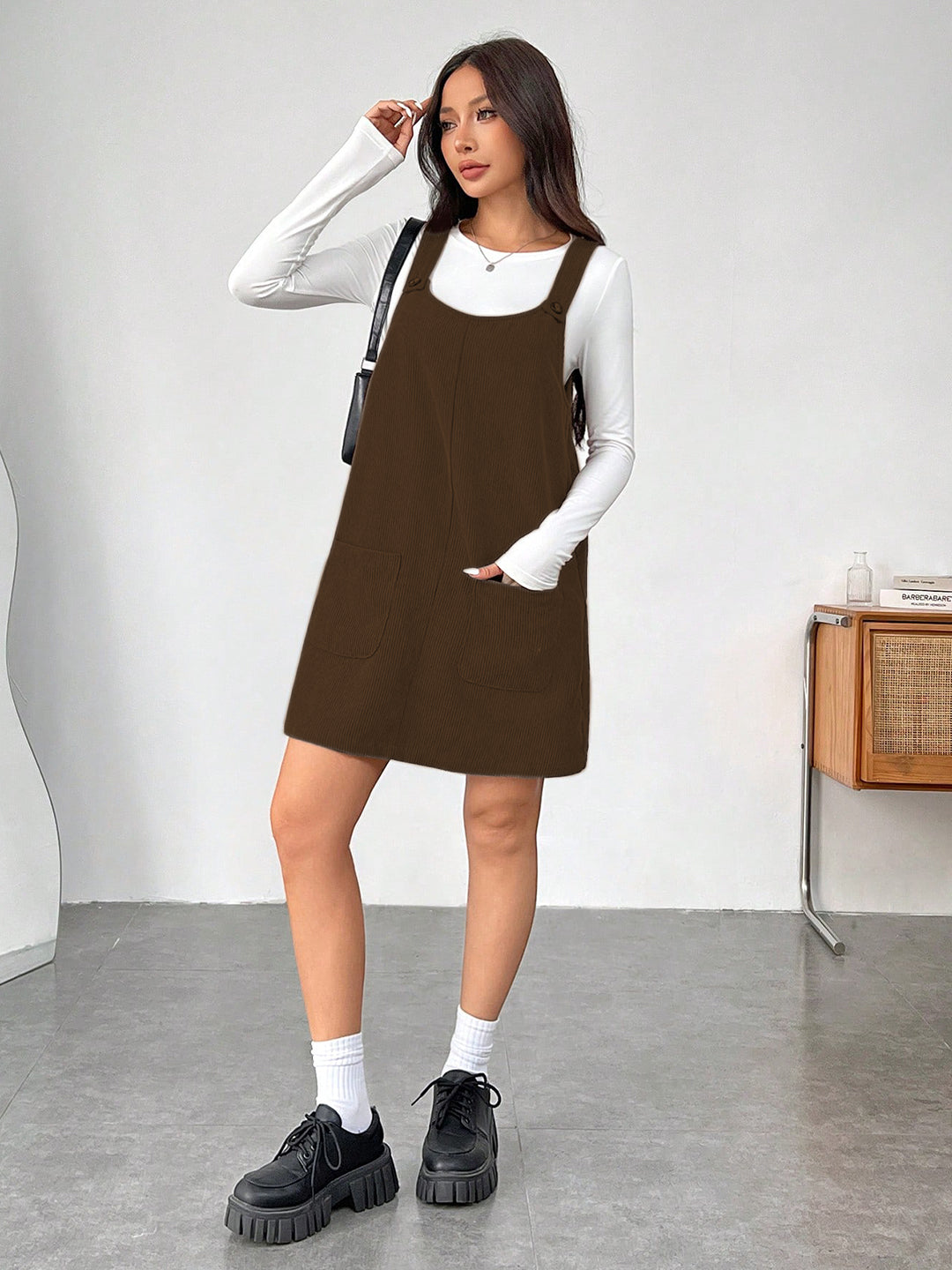 Clobug Women Solid Sleeveless Corduroy Short Dress