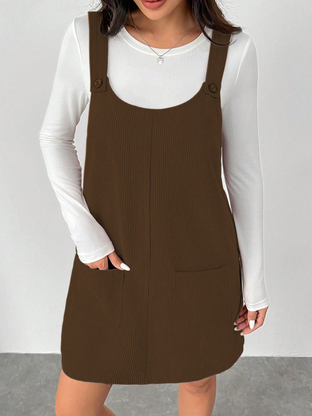 Clobug Women Solid Sleeveless Corduroy Short Dress