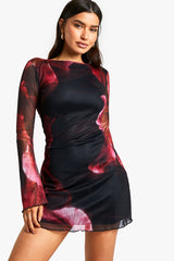 Clobug Women Printed Mesh Lycra blend Dress