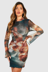 Clobug Women Printed Mesh Lycra blend Dress