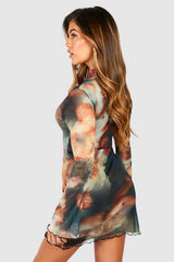 Clobug Women Printed Mesh Lycra blend Dress