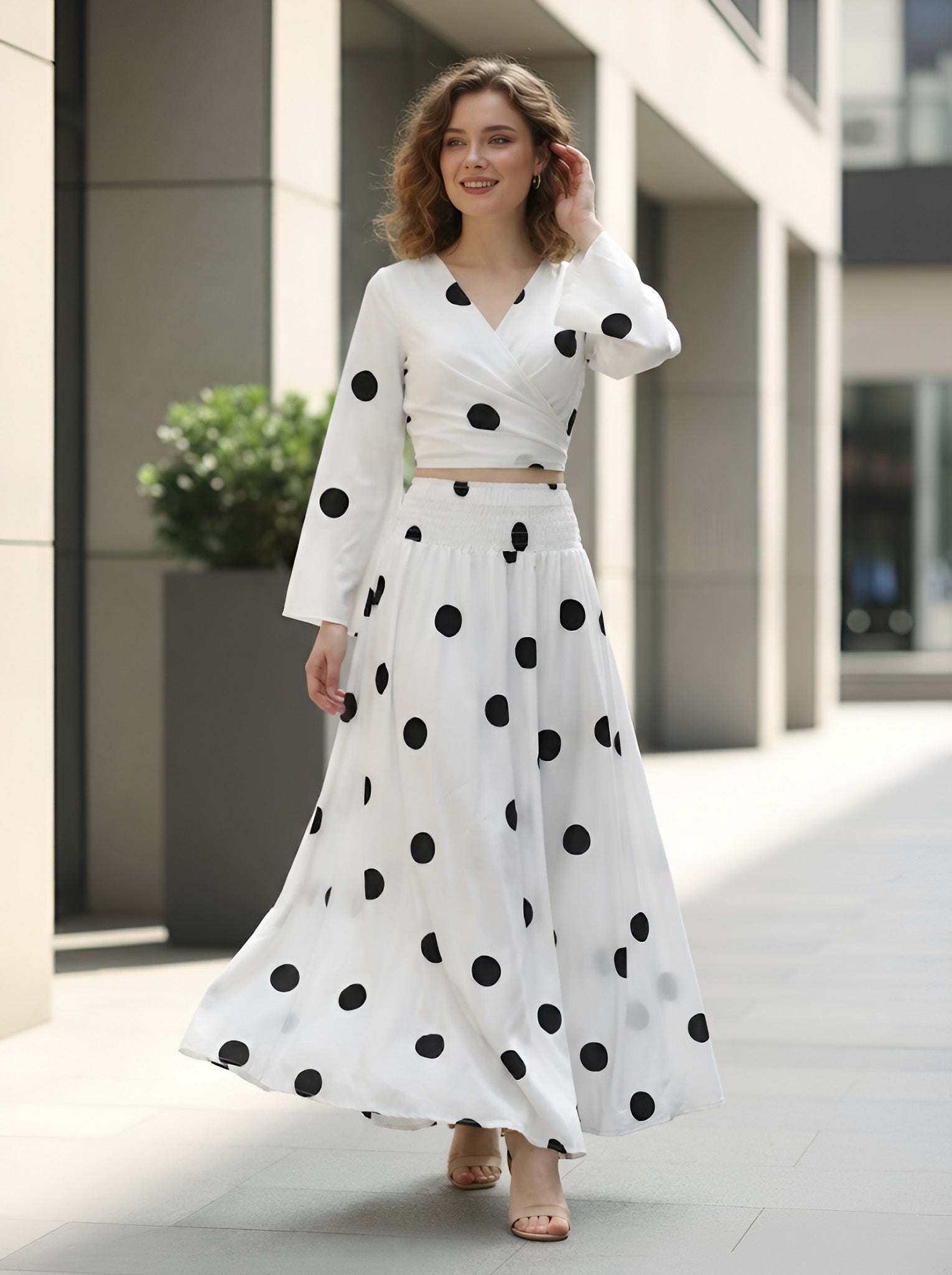 Clobug Women Polka Printed Full Sleeve Crepe Top & Skirt Set
