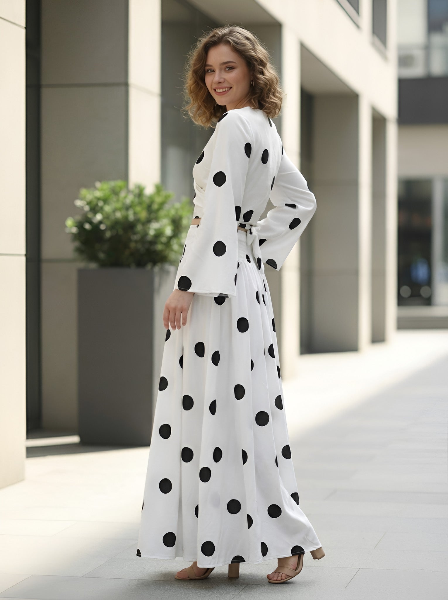 Clobug Women Polka Printed Full Sleeve Crepe Top & Skirt Set