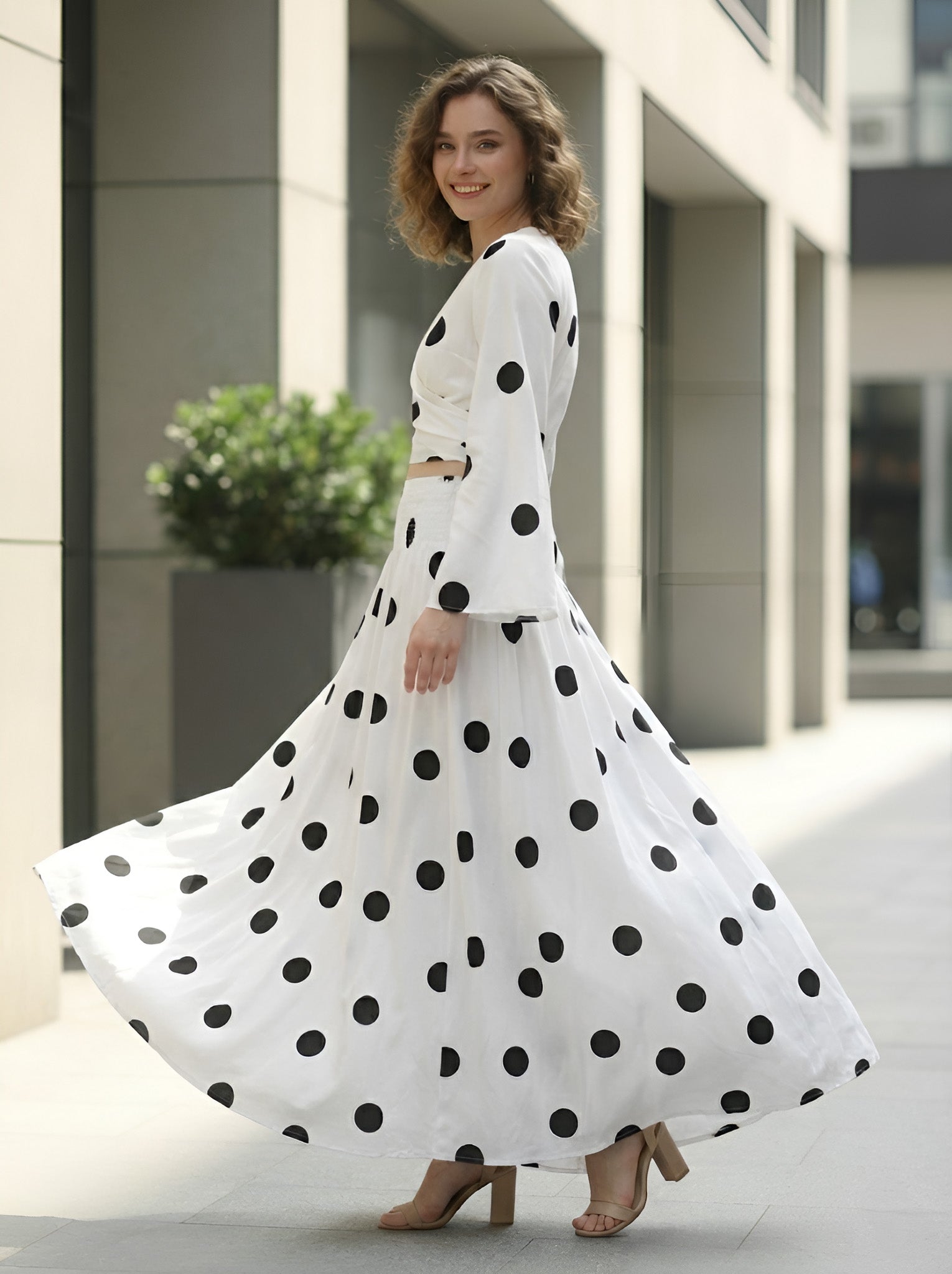 Clobug Women Polka Printed Full Sleeve Crepe Top & Skirt Set