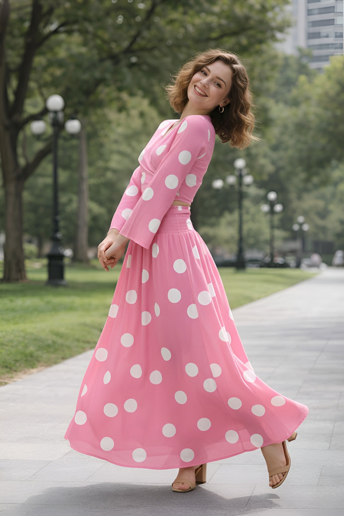 Clobug Women Polka Printed Full Sleeve Crepe Top & Skirt Set