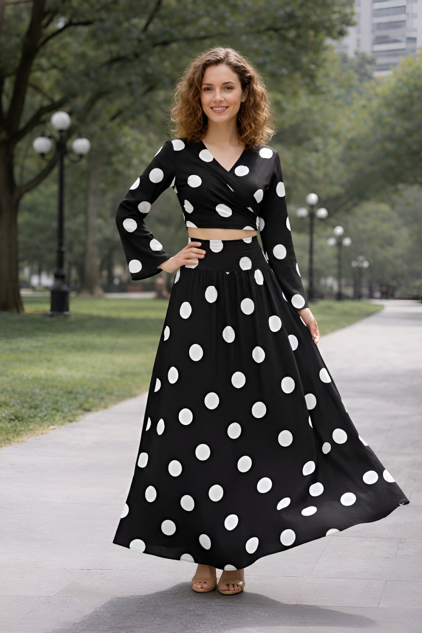 Clobug Women Polka Printed Full Sleeve Crepe Top & Skirt Set