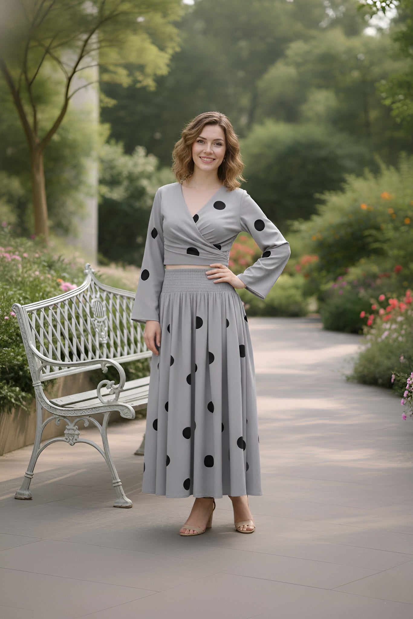 Clobug Women Polka Printed Full Sleeve Crepe Top & Skirt Set